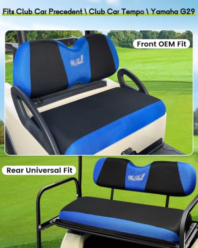 Golf Cart Seat Covers Front & Rear Set for Club Car Precedent | Also Fits Club Car Tempo & Yamaha G29 | Breathable Mesh | Cool & Sweat-Proof | Machine Washable | Easy to Install, Black&Blue - color: Black & Blue, size: Rear + Front Seat Precedent TEMPO YA