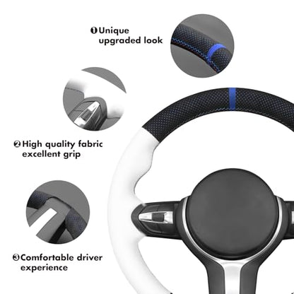 MEWANT Hand-Stitched Steering Wheel Cover for BMW (M Sport) F22 F23 F30 F34 F32 F33 F36 F10 F07 F12 F13 F06 F39 F25 F26 F15 F16, DIY Custom Fit Steering Wheel Wrap for BMW - color: 13:IT-ALCAN with blue layer & white leather