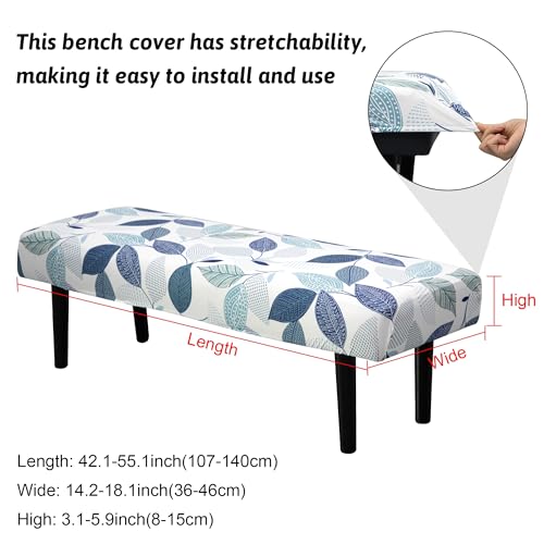Stretch Bench Cover, Seat Cushion Protector, Washable Slipcover, Printed Rectangle Cover for Dining Room, Living Room, Kitchen - color: Blue-and-white Leaves