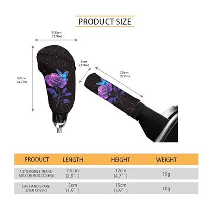 2 Piece Car Head Brake Cover with Gear Shift Cover Set for Women Girls, Rose Butterfly Print Soft Elastic Car Handbrake Protector and Gear Shift Knob Protector, Easy to Install - color: Black and Purple - Rose Butterfly