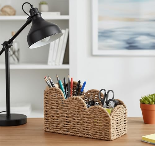 CubesLand Bedside Table Desk Organizer Caddy, Remote Pen&Pencil Holder Cup, Makeup Brush Holder w/Scalloped Perfect for Home, Office Desk, Living Room Table Decor, 3 Slots Neutral - color: Neutral