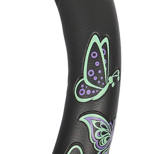 BDK GripGrab Comfort Grip - Purple & Green Butterflies on Black Synthetic Leather Steering Wheel Cover 15 inch - color: #46 Butterflies, size: Fits 14.5 - 15" SW