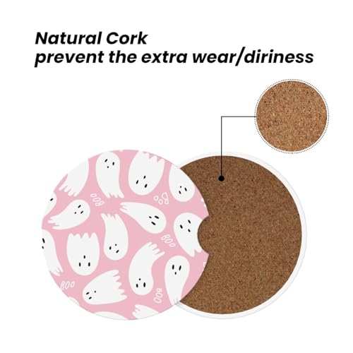 2-Pack Absorbent Car Coasters Pink Cute Ghost - Ceramic & Non-Scratch Cork Base Cup Holder Coasters Universal 2.56"