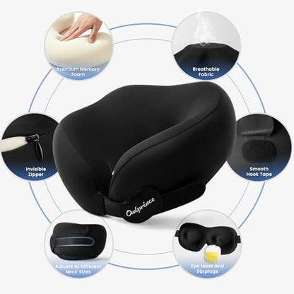 Travel Neck Pillow for Airplane, Neck Travel Pillow, Upgraded Soft 100% Pure Memory Foam - Lightweight and Stowable - Ergonomic Design for Long Flights, Car, Train, Office Use