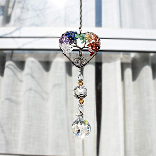H&D HYALINE & DORA Suncatcher Window Hanging Tree of Life Heart Shaped Crystal Ball Prism Drop Pendant - color: Colorful