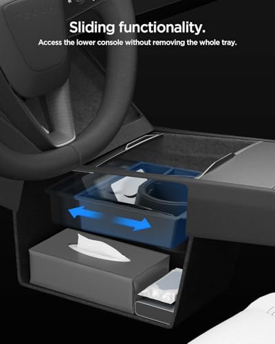 Spigen Center Console Organizer [Sliding Tray w/Intelligrip & Sunglass Holder] for 2025 2026 Tesla Model Y Juniper Accessories, Cup Holder Expander for 32oz 40oz Owala, Hydro Flask, Yeti, & More - size: Center Console Organizer (Bottle)