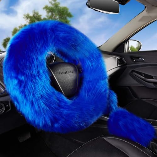 Yontree Fashion Fluffy Steering Wheel Covers for Women/Girls/Ladies Australia Pure Wool 15 Inch 1 Set 3 Pcs (Blue) - color: Blue, size: Long Wool