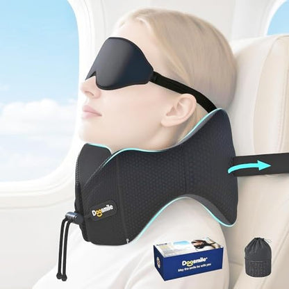 Patented Head-Bobble-preventing Ergonomic 360° Supporting Golden Formula Memory Foam Travel Neck Pillow w/3D Contoured Eye Mask Set Long Trip Sleeping Essentials for Airplane Flight Car Bus