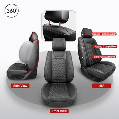 BEITK Leather Car Seat Covers Full Set,Unique Rear Design Easy to Install Car Seat Cover Protectors,Universal Full Surround Front Back Auto Seat Cover,Car Seat Cover for Sedan Cars Pick-up Trucks SUV - color: Seat Cover Full Set Black
