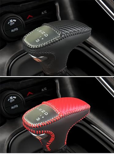 Leather Gear Shift Knob Covers for Dodge Charger Challenger 2015-2023 and Dodge Durango18-23,Carbon Fiber Leather Hand-Stitched Shifter Sleeve - color: Carbon Black Line
