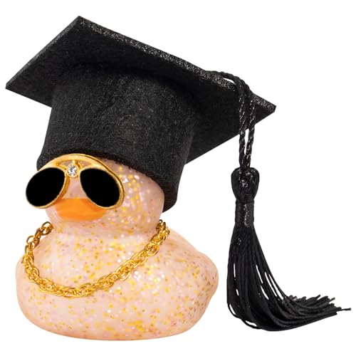 wonuu Car Dashboard Decor Graduation Hat Color Rubber Duck, Car Ducks Ornaments with Mini Graduation Hat Necklace Sunglasses (Brown) - color: Brown, style: Glitter
