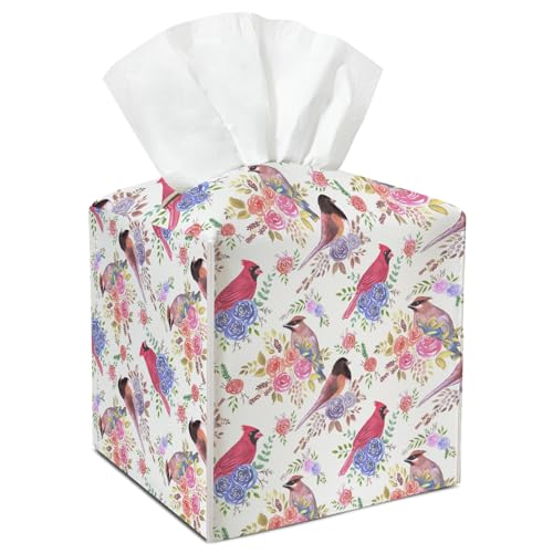 Cardinal Birds and Flower Tissue Box Cover Square, Waterproof Leather Tissue Box Holder, Vintage Facial Paper Organizer Decor for Bathroom Nightstand Vanity Desk Office Car /015 - color: Pattern7