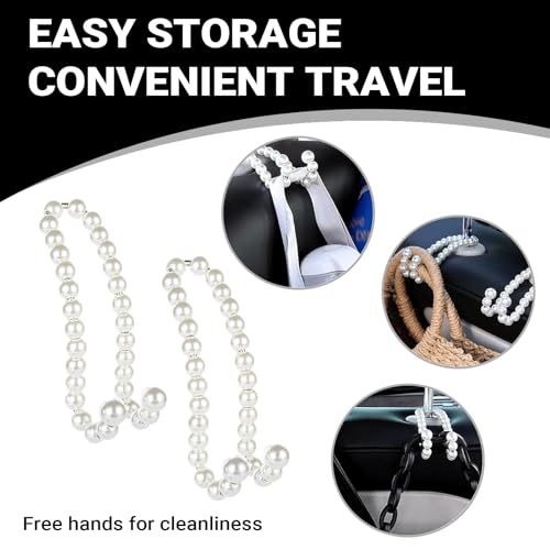 2 PCS Car Seat Headrest Hooks, Cute Pearl Car Purse Hook, Stainless Steel Auto Seat Backrest Storage Hook, Universal Automotive Interior Organizer Accessories for Women Girls (White)