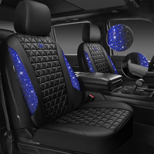 CAR PASS Bling Diamond Black Leather Car Seat Covers Full Set Interior Sets, Waterproof Shining Glitter Sparkly Crystal Universal Armrest Fit Automotive Truck SUV Cute Women Girl, Blue Rhinestone - color: Blue Rhinestone, size: Full Set