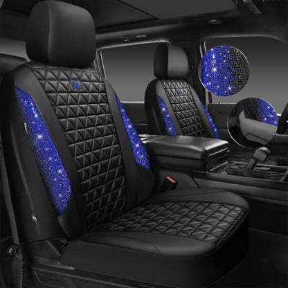 CAR PASS Bling Diamond Black Leather Car Seat Covers Full Set Interior Sets, Waterproof Shining Glitter Sparkly Crystal Universal Armrest Fit Automotive Truck SUV Cute Women Girl, Blue Rhinestone - color: Blue Rhinestone, size: Full Set