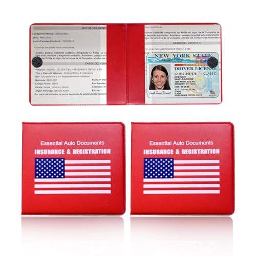 2 PCS Car Registration Insurance Holder, Waterproof Vehicle Glove Box Document Organizer with Closure, Auto Essential Cards Driver License Holder for Most Cars Trucks SUVs (Red, Blue Flag)