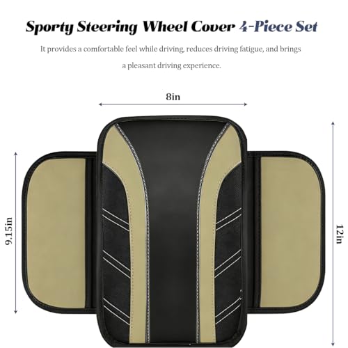 HZEL 4PCS Car Accessories Set, 14.5-15" Non-Slip Soft Microfiber Leather Steering Wheel Cover, Comfortable Seat Belt Cushion, Center Console Armrest Cover, Universal Fit (Black/Beige) - color: Black/Beige