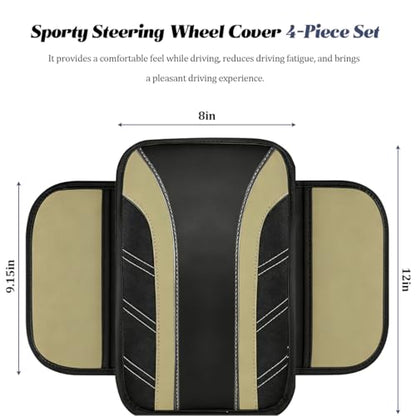 HZEL 4PCS Car Accessories Set, 14.5-15" Non-Slip Soft Microfiber Leather Steering Wheel Cover, Comfortable Seat Belt Cushion, Center Console Armrest Cover, Universal Fit (Black/Beige) - color: Black/Beige