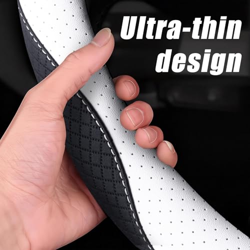 Nappa Leather Steering Wheel Cover, Universal 14.5-15 inch, Anti-Slip Breathable Leather, Sporty Style, Durable Grip Car Accessory for Men Women, White - color: white
