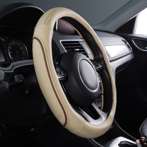 CAR PASS Line Rider Universal Fit Delux Leather Steering Wheel Cover, for suvs,sedans,Vans,Trucks for 14.7" to 15" (Beige) - color: Beige