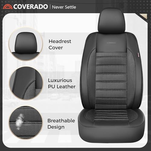 Coverado Car Seat Covers Full Set, Luxury Leather Car Seat Covers, Automotive Front and Rear Mesh Seat Covers, Full Set 5 Seats, Black Seat Covers for SUV Sedan Truck