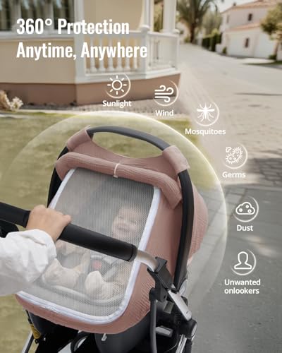 Blissful Diary Baby Car Seat Cover, Extra Large Mesh Window, Breathable Muslin Cotton, Infant Windproof Canopy-Dusty Pink - color: Dusty Pink