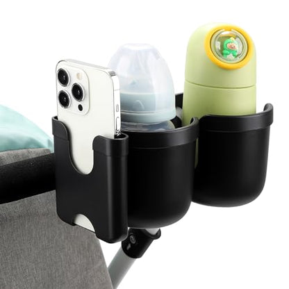 Accmor Stroller Cup Holder with Phone Holder, Bike Cup Holder, Universal Cup Holder for Uppababy Nuna Doona Strollers, 2-in-1 Cup Holder for Walker, Wheelchair, Scooter - color: Double Holder-All Black
