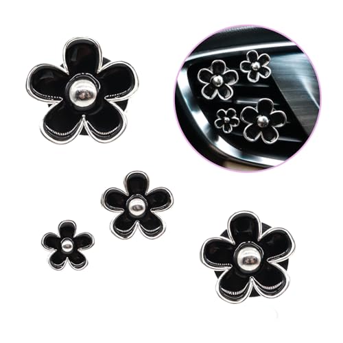 ORIESSE 4pcs Cute Daisy Flowers Car Air Freshener Vent Clips,Girly Flowers Car Accessories for Women,4 Sizes Sparkle Black Silver Flower Car Vent Clips,Refillable Clips On Car Diffuser