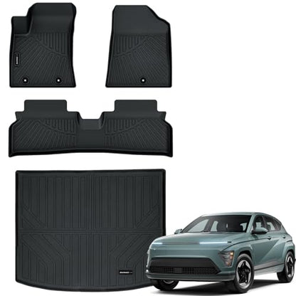 Auxko All Weather Floor Mats Cargo Mat for Hyundai Kona EV 2026 2025 2024 TPE Liners Accessories Guard Odorless Anti-Slip Floor Liners Trunk Liner Black - size: kona ev|2024-2025|floor+cargo mats