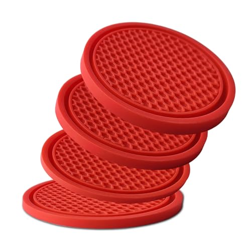 Car Cup Holder Coaster 4 Pack - Non Slip & Shockproof,Flexible PVC Rubber Insert for Car/Truck/SUV/Van (2.75"x0.2") Universal Fit Auto Cup Holders Accessories for Women and Man (Red) - color: Red