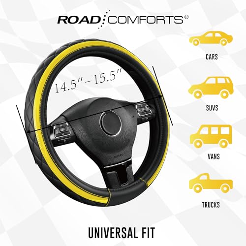 Road Comforts Leather Steering Wheel Cover – Black & Yellow, Universal Fit 14.5-15 Inch, Microfiber Leather, Anti-Slip & Breathable Design for Men and Women - color: Yellow