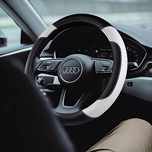 Leather Car Steering Wheel Cover, Non-Slip Car Wheel Cover Protector Breathable Microfiber Leather Universal Fit for Most Cars(White) - color: White