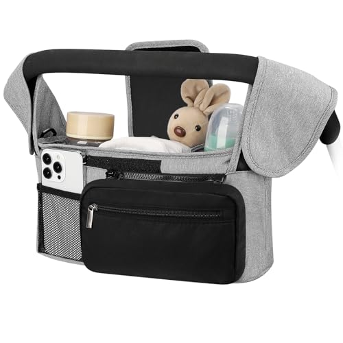 Accmor Universal Stroller Organizer with Insulated Cup Holder Detachable Phone Bag and Shoulder Strap,Stroller Bag Caddy Organizer Fits for Uppababy, Baby Jogger, Britax Strollers - color: Grey + Black Pocket