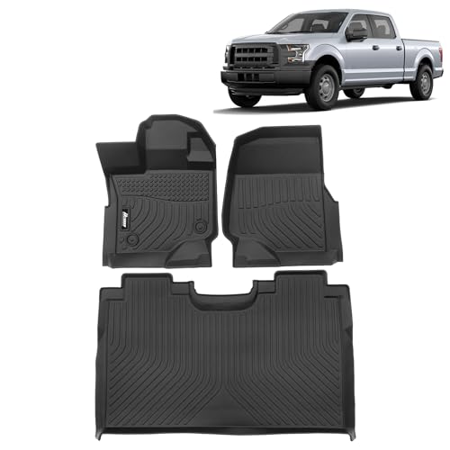 FREEMOTOR802 Compatible with 2015-2022 Ford F-150 Crew Cab Floor Mats, Black 3D Molded Carpets Liner 1st 2nd Row Front Rear Protection Pad 3PC TPE Thermo Plastic Elastomer All Weather Protector - size: For Ford F-150 Crew Cab 2015-2022