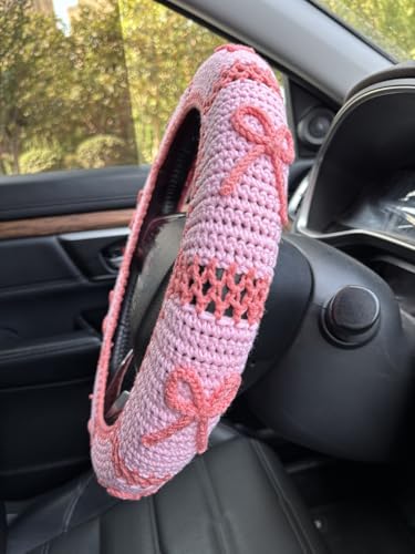Handmade Crochet Pink Bow Car Steering Wheel Covers Universal 14-15 inch,Cute Steering Wheel Cover,Car Accessories (A: Wheel Cover+2Belt Cover) - color: A:Wheel Cover+2Belt Cover