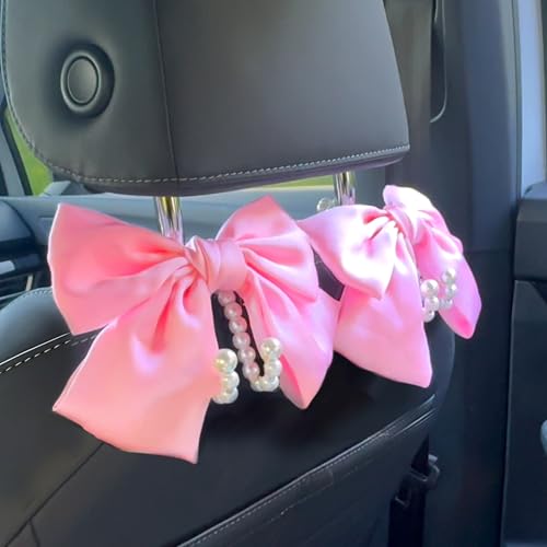 2 PCS Bow Pearl Car Seat Headrest Hook – Cute Purse Hook for Car, Girly Interior Decoration Accessories Hook Hanger, Seatback Holder for Purses & Bags, Elegant Car Organizer (Pink) - color: Pink