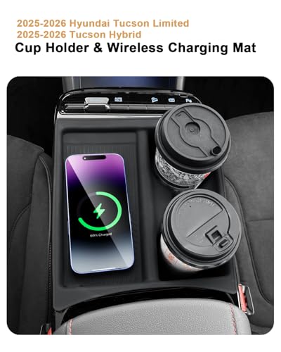 One-piece Molding Silicone Cup Holder Insert + Wireless Charger Area Mat for 2025-2026 Hyundai Tucson/Hybrid Accessories - Protective Mat Only Fit 2025-2026 Tucson with Electronic Shift