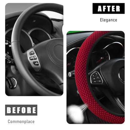Wevdn Elastic Stretch Steering Wheel Cover, 15"×15" Microfiber Breathable Ice Silk Steering Wheel Protector, Anti-Slip Elastic Steering Wheel Cover for Men Women, Car Accessories (Wine Red) - color: Wine Red