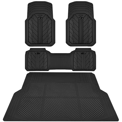 CAR PASS Floor Mats for Cars M-L Size, Heavy Duty Rubber Floor Mats with Trunk Cargo Liner, Universal Trim-to Fit Automotive Floor mats for Truck Van SUV Waterproof All Weather Car Mats Solid Black - color: All Black M-L Cargo Liner