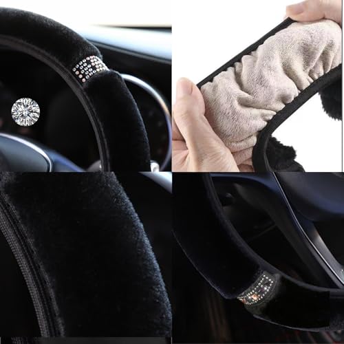 LABBYWAY Plush Steering Wheel Cover with Bling Bling Crystal Rhinestone, Universal 15 Inch Elastic Fluffy Steering Wheel Accessories for Women Girls, Black - color: Black
