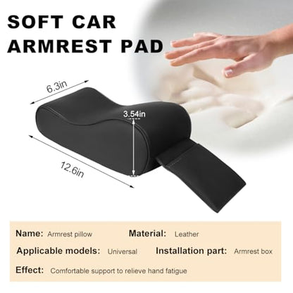 Car Armrest Cushion, Memory Foam Auto Armrest Cushion Pad with Phone Holder Storage Bag, Leather Center Console Armrest Pillow for Most Vehicles, Universal Car Accessories (Black)