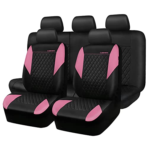 CAR PASS Pink Leather Seat Covers,Girly Quilting Pretty Cute Car Seat Cover with 5mm Composite Sponge Inside,Airbag Compatible, Universal Fit for Most Sedan,SUV,Vans(Full Set,Pink) - color: Black and Pink, size: Full Set (Front and Rear)