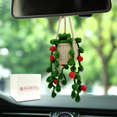Crochet Hanging Plant for Car,Car Decorations Interior,Plant Aesthetic Car Accessories for Women Interior Cute,Car Ornaments Charms for Rear View Mirror,Boho Car Decoration Gifts - color: Red Flowers