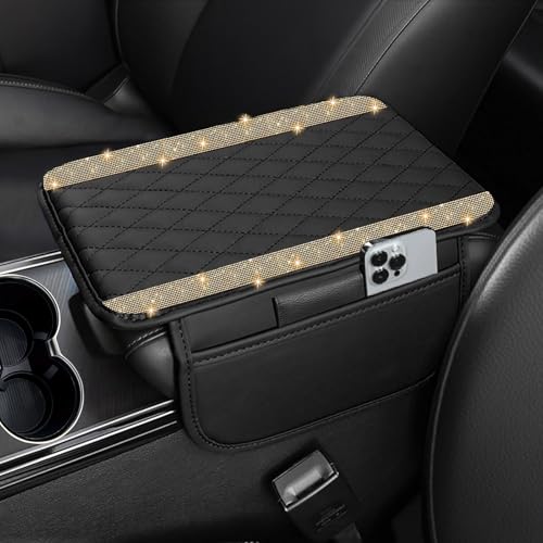 NBTEPEM Bling Car Center Console Cover, Leather Car Arm Rest Cover Cushion with 2 Storage Bags, Universal Auto Armrest Protector, Bling Accessories Interior for Most Vehicles(Champagne Diamond) - color: Champagne Diamond