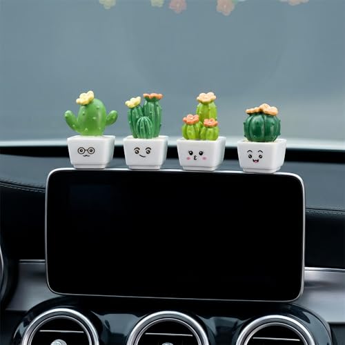 4 Pcs Mini Resin Cactus Figurines, Cute Car Dashboard Decor & Funny Rearview Mirror Ornaments, Fairy Garden Landscape Decor, Unique Gift for Succulent Lovers (Green Emotion Plants)