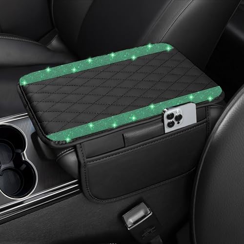 NBTEPEM Bling Car Center Console Cover, Leather Car Arm Rest Cover Cushion with 2 Storage Bags, Universal Auto Armrest Protector Storage Box, Bling Accessories Interior for Most Vehicles (Green) - color: Green Diamond