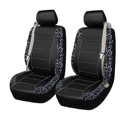 Flying Banner car seat Covers Quality Carbon Fiber Air Mesh Fabric Sport Low High Back Bucket Back Pocket Arm Rest (2 Fronts-Low Bucket-Built-in Seatbelt Compatible, Leopar Gray - Faux Leather) - color: Leopar Gray - Faux Leather -- Built-in Seatbelt Comp