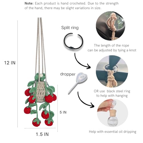 ROFIGL Handmade Crochet Hanging Car Air Freshener - Sweet Cherry Charm with 12ml Refillable Glass Essential Oil Bottle, Cute Car Accessories for Women & Bedroom Floral Decor - style: Raspberry