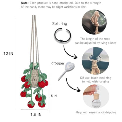 ROFIGL Handmade Crochet Hanging Car Air Freshener - Sweet Cherry Charm with 12ml Refillable Glass Essential Oil Bottle, Cute Car Accessories for Women & Bedroom Floral Decor - style: Raspberry