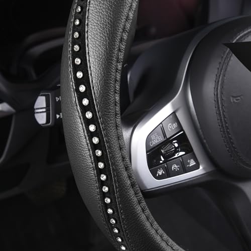 Bling Steering Wheel Cover - Crystal Studded Rhinestone Non-Slip Breathable Design for Women/Girls, Universal Fit 14.5-15 Inch Black